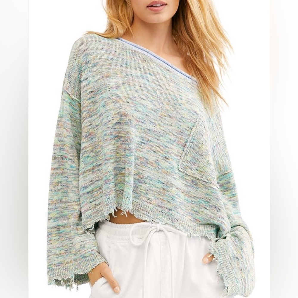 NWOT Free People Prism Linen Blend Pullover Sweater Aqua Combo